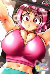  1girls alternate_version_available belly_button big_breasts breasts cleavage exercise female female_focus female_only huge_breasts lifting_weights mole_on_breast original_character pink_eyes pink_hair ruby_(sasatseng) sasatseng sports_bra stomach working_out workout_clothes yoga_pants 