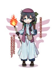  backpack bag black_hair black_socks blue_eyes commentary_request cosplay dragon_quest dragon_quest_iv female hat highres holding_strap kaban_(kemono_friends) kemono_friends robe sandals shipii_(jigglypuff) short_hair shoulder_bag socks solo striped torch torneko torneko_(cosplay) trait_connection translation_request vertical_stripes vest 