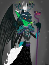  2017 3:4 4_fingers anthro armor black_body black_feathers bone bottomwear breastplate canid canine clothing crown day_of_the_dead dipstick_ears disney ear_markings feathered_wings feathers fingers fox fur gloves green_body green_fur grey_background hand_on_hip handwear headgear hi_res holding_object holidays looking_at_viewer male mammal multicolored_ears nick_wilde plate_armor red_eyes red_fox simple_background skelly_doll skirt skull smile solo staff the_book_of_life true_fox white_body white_fur wings xibalba zootopia 