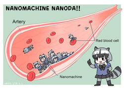  6+girls :d anatomy animal_ears black_hair blood_cell bodystocking bow bowtie broom clone commentary_request common_raccoon_(kemono_friends) cross_section crowd diagram english_text extra_ears floating fur_collar grey_hair hand_up index_finger_raised kemono_friends korean_commentary layered_sleeves long_sleeves looking_afar looking_at_another mini_person minigirl multicolored_hair multiple_girls open_mouth photoshop_(medium) puffy_short_sleeves puffy_sleeves pun raccoon_ears raccoon_tail red_blood_cell roonhee short_hair short_over_long_sleeves short_sleeves sitting skirt smile standing striped_tail tail walking white_hair 