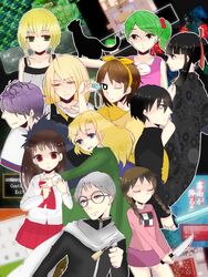  3boys 6+girls akemi-tan ao_oni bad_id bad_pixiv_id black_cat black_eyes black_hair blonde_hair blood blood_on_knife blue_eyes brown_hair closed_eyes commentary_request copyright_request crossover feline flower garry_(ib) genre_connection glasses green_eyes green_hair hair_ornament highres hiroshi_(ao_oni) holding holding_knife ib_(ib) ib_(kouri) kanzaki_shiori key kirisame_ga_furu_mori knb_(knp15) knife madotsuki majo_no_ie mary_(ib) multiple_boys multiple_crossover multiple_girls ningyo_numa open_mouth orange_eyes pink_shirt purple_hair red_eyes rose scarf shimoda_shimoko shirt sidelocks silver_hair suga_koutarou viola_(majo_no_ie) yamazaki_rin yume_nikki 