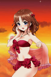  adjusting_hair bikini bikini_skirt blue_eyes blush bow braid breasts brown_hair cleavage commentary_request earrings eyebrows female front-tie_top hairbow highres jewelry looking_at_viewer medium_breasts meteolance navel necklace open_mouth original red_bikini shawl short_hair side-tie_bikini_bottom sky smile solo sunset swimsuit thighs 