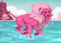  2015 cartoon_network day detailed_background felid feral fur hair hi_res kero_tzuki lion lion_(steven_universe) male mammal outside pale_eyes pantherine paws pink_body pink_fur pink_hair solo steven_universe water 