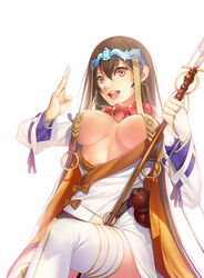  :d armor beads between_legs bracelet breasts breasts_out bridal_gauntlets brown_hair commentary_request earrings eyelashes fate/grand_order fate_(series) female fingernails gourd hair_between_eyes hat headpiece holding holding_staff hoop_earrings japanese_armor jewelry kote large_breasts long_hair long_sleeves monk necklace no_bra open_clothes open_mouth prayer_beads purple_ribbon red_lips ribbon ribbon-trimmed_sleeves ribbon_trim ring shakujou smile solo staff thighhighs underboob very_long_hair white_background white_thighhighs xuangzang_sanzang_(fate) yoshimune_(b12f) 