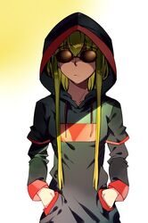  c.c. code_geass collarbone commentary_request female green_hair hands_in_pockets hood hood_up hoodie long_hair looking_at_viewer meimi_k shaded_face simple_background solo sunglasses upper_body white_background yellow_background yellow_eyes 