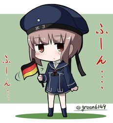  brown_eyes chibi clothes_writing commentary_request dress empty_eyes female german_flag guriin hat kantai_collection mini_flag sailor_dress sailor_hat short_hair solo translation_request twitter_username waving_flag z3_max_schultz_(kancolle) 