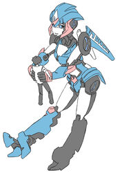  1boy arcee autobot blue_eyes commentary_request female glowing glowing_eyes height_difference high_heels highres lifting_person luckyb machinery mecha motor_vehicle motorcycle open_mouth robot smile transformers transformers_prime 