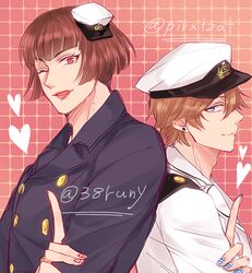  2boys admiral_(kancolle) admiral_arisugawa bad_id bad_twitter_id blonde_hair brown_hair coat commentary_request earrings girly_boy hat heart heart_background index_finger_raised jewelry kantai_collection lipstick looking_at_viewer makeup male_focus military military_hat military_uniform multiple_boys nagomi_(mokatitk) nail_polish one_eye_closed original red_eyes trench_coat twitter_username uniform 