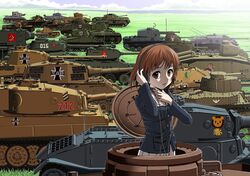  anteater anzio_(emblem) bird blue_jacket brown_eyes brown_hair bt-42 carro_veloce_cv-33 caterpillar_tracks char_b1 chi-hatan_(emblem) churchill_(tank) commentary_request crusader_(tank) duck emblem female girls_und_panzer headphones highres hippopotamus is-2 jacket jagdpanzer_38(t) keizoku_(emblem) kuromorimine_(emblem) kv-2 leopon_(animal) m3_lee m4_sherman mallard matilda_(tank) military military_uniform military_vehicle motor_vehicle nishizumi_miho ooarai_(emblem) ooarai_military_uniform panzer_iv pravda_(emblem) saunders_(emblem) sherman_firefly short_hair st._gloriana&#039;s_(emblem) sturmgeschutz_iii t-34 t-34-85 tank throat_microphone tiger_(p) tiger_i tiger_ii turtle type_3_chi-nu type_89_i-gou type_95_ha-gou type_97_chi-ha uniform yoshida_hajime 