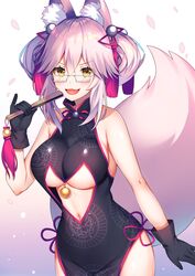  :d animal_ear_fluff animal_ears aozora_nan black_dress black_gloves blush breasts brown_eyes commentary_request double_bun dress fate/grand_order fate_(series) female folded_fan folding_fan fox_ears fox_girl fox_tail glasses gloves hair_between_eyes hair_bun hair_ornament hand_fan highres holding holding_fan koyanskaya_(chinese_lostbelt_outfit)_(fate) koyanskaya_(fate) looking_at_viewer medium_breasts navel open_mouth petals pink_hair sleeveless sleeveless_dress smile solo tail tail_raised tamamo_(fate) 