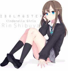  blue_eyes brown_hair cardigan commentary_request etsuo female idolmaster idolmaster_cinderella_girls jewelry long_hair necklace necktie school_uniform shibuya_rin skirt solo 