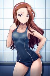  breasts brown_eyes brown_hair commentary_request cowboy_shot female hairband idolmaster idolmaster_(classic) long_hair minase_iori muhi11234 old_school_swimsuit one-piece_swimsuit school_swimsuit small_breasts solo swimsuit wet 