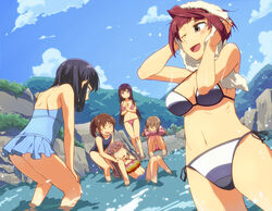  6+girls ;d akado_harue atarashi_ako bent_over bikini blue_sky breasts cleavage cloud commentary_request day dutch_angle hands_on_own_knees large_breasts matsumi_kuro matsumi_yuu medium_breasts mountain multiple_girls navel one-piece_swimsuit one_eye_closed outdoors partially_submerged playing river sagimori_arata saki_(manga) sandals side-tie_bikini_bottom sitting sky smile standing swimsuit takakamo_shizuno towel towel_on_head tsuchinoko_(muni_muni) wading water wet 