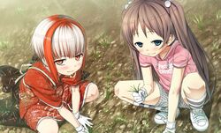  2girls artist_request blue_eyes blush brown_hair cura flat_(company) gloves looking_at_viewer monobeno multiple_girls red_eyes sawai_natsuha sumi_(monobeno) 