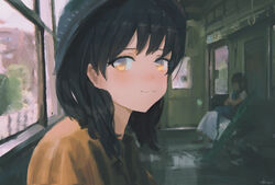  2girls absurdres bad_id bad_pixiv_id black_hair blush gradient_eyes grey_eyes hat highres long_hair looking_at_viewer multicolored_eyes multiple_girls original photoshop_(medium) portrait smile solo_focus tifg39 train_interior yellow_eyes 