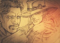  2boys cigarette commentary_request daniel_j._d&#039;arby facial_hair facial_tattoo graphite_(medium) hat hatching_(texture) hol_horse jojo_no_kimyou_na_bouken kouto29 monochrome moustache multiple_boys one_eye_covered photo_(medium) stardust_crusaders tattoo traditional_media wristband 