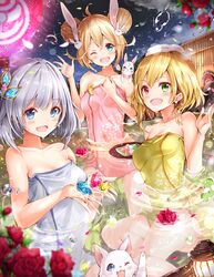  3girls :d ;d absurdres animal_ears bag bath bathing blonde_hair blue_eyes blush breasts charlotte_(shironeko_project) cleavage collarbone commentary_request covered_navel double_bun fake_animal_ears feline flower fuku_kitsune_(fuku_fox) green_eyes grey_hair hair_between_eyes hair_bun hair_ornament head_tilt heterochromia highres lens_flare long_hair multiple_girls naked_towel night oerba_yun_fang one_eye_closed onsen open_mouth outdoors rabbit_ears rabbit_hair_ornament red_eyes red_flower red_rose rose same-sex_bathing shared_bathing shironeko_project sky small_breasts smile star_(sky) starry_sky tied_hair tina_topia towel towel_on_head tsukimi_(shironeko_project) 