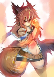  absurdres animal_ears belt breasts commentary_request duel_monster familiar-possessed_-_hiita female fingerless_gloves fox_ears fox_girl gloves highres hiita_(yu-gi-oh!) jacket looking_at_viewer navel red_eyes red_hair short_hair skirt smile solo tail thighhighs wide_sleeves yaibaken yu-gi-oh! 