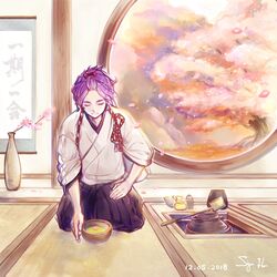  1boy bangs_pinned_back black_hakama bowl chagama_(pot) chasen cherry_blossoms closed_eyes closed_mouth commentary_request hakama hanging_scroll hishaku irori_(hearth) japanese_clothes kasen_kanesada kimono male_focus petals petals_on_liquid purple_hair rope round_window scroll seiza shimenawa sitting siya_ho smile solo tasuki tatami tea_ceremony touken_ranbu vase white_kimono window 