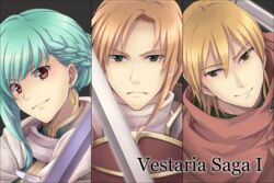  2boys aqua_hair armor blonde_hair braid brown_eyes copyright_name earrings elva_(tear_ring_saga) female green_eyes hair_bun if_oki jewelry long_hair meldi_(tear_ring_saga) multiple_boys portrait protected_link single_hair_bun sword tear_ring_saga troy_(tear_ring_saga) vestaria_saga weapon 