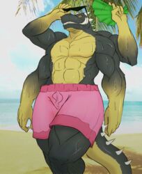  abs alien anthro beach biceps big_muscles bodily_fluids bottomwear clothed clothing detailed_background eyewear folding_fan hi_res kardukk_(artist) lowius male multi_arm multi_limb muscular muscular_anthro muscular_male outside palm_leaves pecs pink_bottomwear pink_clothing pink_shorts reptile sand scalie seaside shorts sky solo spikes sunglasses sweat tail thelionfish thick_tail topless water 