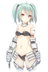  armor ass_visible_through_thighs bikini black_bikini breasts cleavage commentary_request cropped_legs faulds female gauntlets green_hair groin kojiki-life navel neck_brace original parted_lips red_eyes simple_background small_breasts solo swimsuit twintails white_background 