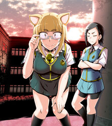  &gt;:( 2girls :q a-teru_haito adjusting_eyewear animal_ears bell bespectacled bike_shorts black_hair black_legwear blonde_hair borrowed_clothes cat_ears closed_eyes collar commentary_request eyebrows eyewear_switch frown glasses hand_on_own_knee katsura_kotetsu kneehighs kuraishi_tanpopo multiple_girls neck_bell photoshop_(medium) short_hair shorts shorts_under_skirt slit_pupils socks tongue tongue_out v-shaped_eyebrows witch_craft_works yellow_eyes 