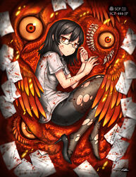  black_hair blood check_commentary closed_mouth commentary commentary_request eldritch_abomination female gia high_heels highres looking_at_viewer lying medium_hair on_side orange_eyes pantyhose pencil_skirt scp-444-jp scp_foundation semi-rimless_eyewear shoes single_shoe skirt solo torn_clothes torn_pantyhose 