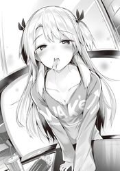  blush breasts cleavage collarbone drinking_straw fast_food female greyscale hair_ornament hair_ribbon highres indoors kakao_(chocolate_land) kawaii_onna_no_ko_ni_kouryaku_sareru_no_wa_suki_desu_ka? long_hair long_sleeves looking_at_viewer monochrome mouth_hold nanjou_mizuki non-web_source novel_illustration official_art open_mouth print_shirt ribbon shirt small_breasts solo two_side_up upper_body very_long_hair 