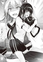  1boy 2girls between_breasts breast_press breasts collarbone d: face_between_breasts greyscale gym_shorts gym_uniform hair_ribbon head_between_breasts highres kakao_(chocolate_land) kawaii_onna_no_ko_ni_kouryaku_sareru_no_wa_suki_desu_ka? kitamikado_mikado kneeling long_hair looking_at_viewer monochrome multiple_girls nanjou_kisa non-web_source novel_illustration official_art open_mouth pants ribbon shirt shizukawa_rinka short_shorts short_sleeves shorts sitting straight sweatdrop very_long_hair 