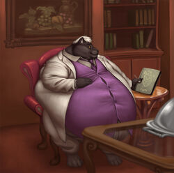  anthro barefoot belly belly_overhang big_belly biped black_body black_fur book bookshelf button_(fastener) cephy chubby_cheeks claws clothed clothing detailed_background feet felid fur furniture hair hand_on_belly holding_book holding_object huge_belly hyper hyper_belly inside love_handles male mammal necktie obese obese_anthro obese_male overweight overweight_anthro overweight_male painting pantherine sitting smile solo straining_buttons sugarboy suit white_body white_fur wide_hips 