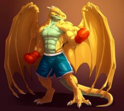  abs absurd_res anthro biceps big_muscles blue_eyes bottomwear boxing_gloves claws clothed clothing dragon feet gaeus gloves handwear hi_res horn male muscular muscular_anthro muscular_male mythological_creature mythological_scalie mythology neodokuro obliques pecs reptile scales scalie shorts solo standing tail toe_claws topless triceps wings yellow_body yellow_scales 