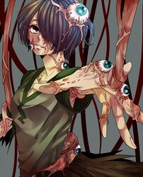  akkirarara bad_id bad_pixiv_id extra_eyes eyeball female horror_(theme) looking_at_viewer monster_girl outstretched_hand pointing short_hair solo tentacle yomika yume_graffiti 