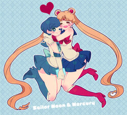  2girls argyle_background back_bow bishoujo_senshi_sailor_moon blonde_hair blue_background blue_eyes blue_footwear blue_hair blue_sailor_collar blue_skirt blush boots bow character_name closed_eyes commentary_request double_bun earrings elbow_gloves full_body gloves hair_bun hair_ornament hairpin heart hug jewelry knee_boots long_hair magical_girl mizuno_ami multiple_girls pleated_skirt red_bow rinako_(rococo) sailor_collar sailor_mercury sailor_moon sailor_senshi_uniform short_hair skirt smile tsukino_usagi twintails white_gloves 