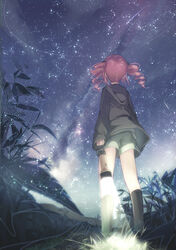  black_socks commentary_request drill_hair female flashlight from_behind grass hood hoodie kasane_teto kneehighs kojiki-life md5_mismatch night night_sky outdoors shorts sky socks solo star_(sky) starry_sky twin_drills utau 