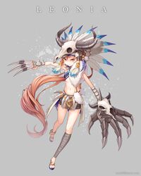  bad_id bad_pixiv_id bell bikini bikini_top_only brown_eyes brown_hair claws clenched_hand female fighting_stance glaring hat highres horns jingle_bell long_hair navel original sandals skirt skull solo swimsuit tobi_(mue86) toes very_long_hair weapon 