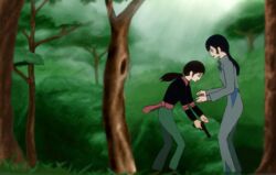  2girls 80s black_hair densetsu_kyojin_ideon fake_screenshot forest gun handgun karala_ajiba long_hair lotta_banda multiple_girls nature oldschool pistol sousome tree weapon 