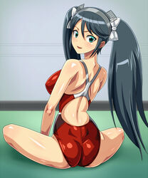  ass black_hair commentary_request competition_swimsuit female from_behind green_eyes hairband indian_style isuzu_(kancolle) kantai_collection long_hair monteriakitto one-piece_swimsuit racerback sitting solo swimsuit twintails 