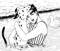  1boy bird canine closed_eyes commentary_request danny_(jojo) duck grass greyscale hage_tashuumi hug jojo_no_kimyou_na_bouken jonathan_joestar lake monochrome one-piece_swimsuit partially_submerged phantom_blood smile striped_clothes striped_one-piece_swimsuit swimsuit 