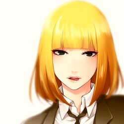  black_eyes blonde_hair blunt_bangs collared_shirt commentary_request female jyuru lips looking_at_viewer lowres midorikawa_hana naughty_face prison_school school_uniform shirt short_hair solo tongue tongue_out 