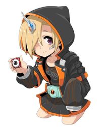  bad_id bad_twitter_id belt blonde_hair cloak cosplay earrings eyecon female ghost_driver hair_over_one_eye hood hoodie horns idolmaster idolmaster_cinderella_girls jewelry kamen_rider kamen_rider_ghost kamen_rider_ghost_(cosplay) kamen_rider_ghost_(series) nash_(na-si) shirasaka_koume short_hair single_horn sleeves_past_wrists smile solo 