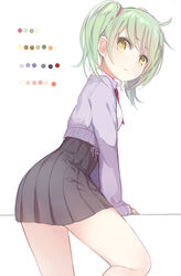  arm_support blush cardigan commentary_request female from_behind green_hair kojiki-life looking_back original pleated_skirt simple_background skirt solo thighs twintails white_background yellow_eyes 