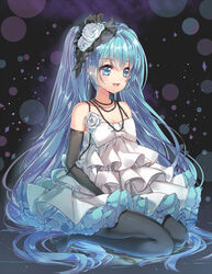  aqua_eyes aqua_hair black_gloves borrowed_design commentary_request dress elbow_gloves female flower gloves hair_flower hair_ornament hatsune_miku highres long_hair open_mouth pantyhose rose sitting solo strapless strapless_dress twintails very_long_hair vocaloid wataru_kuri white_dress white_flower white_rose 