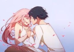  1boy bare_shoulders black_hair blue_eyes blue_horns blush chenaze57 closed_eyes collarbone commentary_request couple darling_in_the_franxx face-to-face facing_another female fingernails forehead-to-forehead hair_ornament hairband heads_together highres hiro_(darling_in_the_franxx) holding_hands horns long_hair looking_at_another nightgown oerba_yun_fang oni_horns pajamas petals pink_hair red_horns sleeveless straight white_hairband white_nightgown white_pajamas zero_two_(darling_in_the_franxx) 