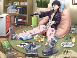  bean_bag_chair bedroom book bookshelf braid brand_name_imitation candy_wrapper commentary_request controller cup female fluffy_legwear food fork glasses hair_over_shoulder heater highres houshou_(kancolle) inazuma_(kancolle) indoors kantai_collection kitakami_(kancolle) magazine_(object) messy_room mouth_hold mug mug_writing noica ooi_(kancolle) open_magazine pajamas plate pocky print_mug print_pajamas remote_control ro-class_destroyer shouhou_(kancolle) single_braid slippers socks solo squeeze_bottle star_(symbol) star_print striped_clothes striped_socks tenryuu_(kancolle) tissue_box torpedo trash_can 