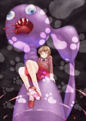  blood brown_hair closed_eyes commentary_request female full_body highres madotsuki monster pink_shirt ringoanu shirt sitting skirt slippers socks solo twintails yume_nikki 