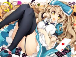  :d ace_(playing_card) alice_(alice_in_wonderland) alice_in_wonderland apron argyle_background bad_id bad_pixiv_id black_thighhighs blonde_hair bow breasts buttons card club_(shape) crescent dress eyebrows female flower frilled_dress frills hairbow hand_on_own_cheek hand_on_own_face hand_on_own_stomach heart highres large_breasts long_hair mary_janes minari_(minari37) open_mouth playing_card puffy_short_sleeves puffy_sleeves rabbit shoes short_sleeves signature smile solo spade_(shape) thighhighs wavy_hair wristband yellow_eyes 