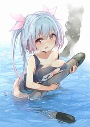  blush breast_rest breasts breath collarbone commentary_request female i-19_(kancolle) kantai_collection kojiki-life large_breasts one-piece_swimsuit open_mouth school_swimsuit smoke solo swimsuit torn_clothes torn_swimsuit torpedo twintails wading water wet wet_hair 