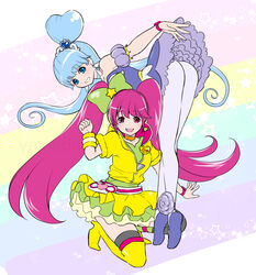  2girls :d aino_megumi alternate_form asymmetrical_footwear asymmetrical_legwear ballerina ballet ballet_slippers bent_over black_thighhighs blue_eyes blue_footwear blue_hair blue_skirt boots bow brooch choker clenched_hand commentary_request cure_lovely cure_lovely_(lollipop_hip_hop) cure_princess cure_princess_(sherbet_ballet) dress earrings en_pointe full_body grin hair_bun hairbow happinesscharge_precure! heart heart_brooch heart_hair_bun high_heel_boots high_heels hood hood_down hooded_jacket jacket jewelry kneeling layered_skirt leaning_forward long_hair looking_at_viewer looking_back magical_girl mismatched_footwear multiple_girls open_mouth pantyhose petticoat pink_eyes pink_hair precure purple_skirt rainbow_background shirayuki_hime shoes short_sleeves single_boot single_hair_bun single_shoe skirt smile star_(symbol) star_earrings strapless strapless_dress thigh_boots thighhighs tiara tiptoes tutu twintails uneven_legwear unzipped very_long_hair white_legwear wrist_cuffs wristband yamada_ichizoku yellow_footwear yellow_jacket yellow_skirt zettai_ryouiki 