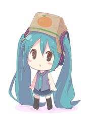  aoi_tori aqua_hair bad_id bad_pixiv_id blush_stickers box box_on_head chibi female hat hatsune_miku headphones long_hair necktie skirt solo twintails very_long_hair vocaloid white_background 